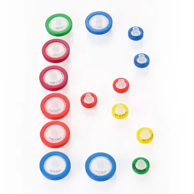 Shows the variety of syringe filters included in the kit, displaying different sizes, colors, and specifications to help customers understand what they receive with their purchase.
