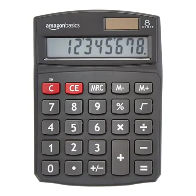 Provides a clean, catalog-style view of the AmazonBasics calculator on a white background, allowing shoppers to see the product clearly without distractions.