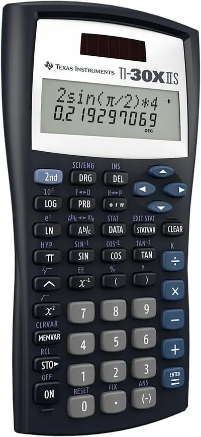 Displays the calculator product clearly on a white background to show its physical appearance, screen display, and button layout without distractions.