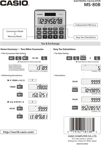 This instructional image teaches shoppers how to use the calculator's currency conversion and tax calculation features through step-by-step visual demonstrations, reassuring them that these advanced…