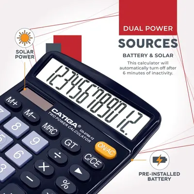 Communicates multiple distinct benefits of the calculator: dual power capability for reliability, energy-saving auto shut-off feature, and convenience of pre-installed battery.