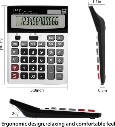 Communicates the exact physical size of the calculator (5.8 x 7.3 x 1.1 inches) with dimension arrows to help shoppers understand how large the product is before purchase. Highlights the ergonomic…