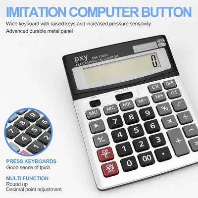 Communicates multiple distinct product benefits in a segmented layout: tactile keyboard design, durability, and functional versatility to help shoppers understand the calculator's key advantages.
