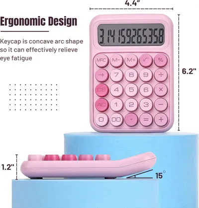 Highlights the calculator's ergonomic design with concave arc-shaped keycaps and 15-degree tilt to communicate comfort and reduced eye strain during use.