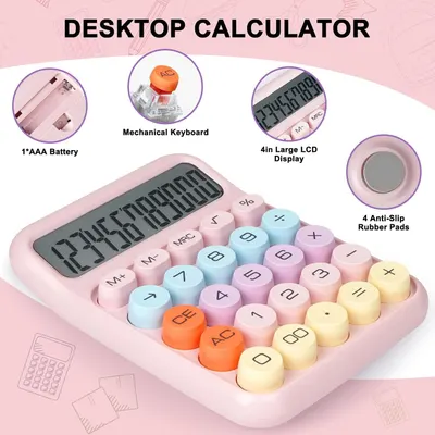 Highlights multiple distinct features of the desktop calculator in a segmented layout to communicate its quality construction, ease of use, and practical design benefits.