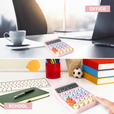 Demonstrates the calculator's versatility by showing it in two distinct use environments—office and school—to communicate that it's suitable for multiple settings and user types.