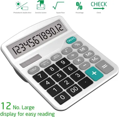 Communicates multiple functional features and benefits of the calculator in a segmented layout, showing shoppers the product's versatility and ease of use through icons and callouts.