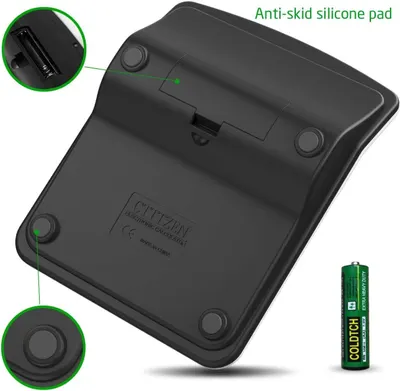Highlights the physical components of the product's underside, specifically the anti-skid silicone pads and battery compartment, to reassure shoppers about stability and power source. Communicates…