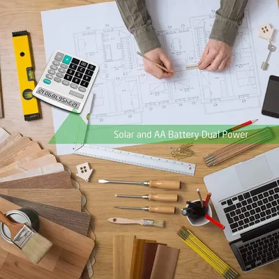 Communicates that the calculator offers flexible power options with both solar and AA battery capability, providing reliability and convenience for professional use.