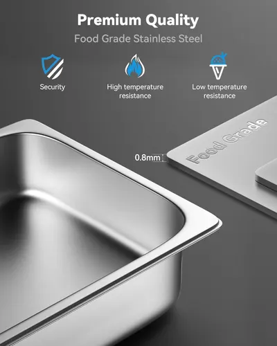 Communicates multiple quality and safety benefits of the stainless steel material to reassure shoppers about durability, food safety, and temperature performance.