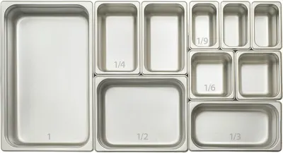 Demonstrates the variety of container sizes included in the set, showing shoppers the complete modular system with labeled size options (1, 1/2, 1/3, 1/4, 1/6, 1/9) for different food storage needs.