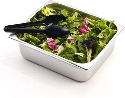Displays the product in a clean, catalog-style format showing the salad bowl with serving tongs and fresh greens to give shoppers a clear view of what they receive.