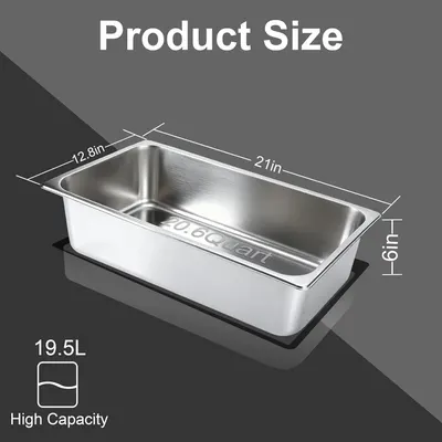 Communicates the exact physical dimensions of the stainless steel container (21in x 12.8in x 6in) and its 19.5L capacity to help shoppers understand the product's size and volume for their needs.…