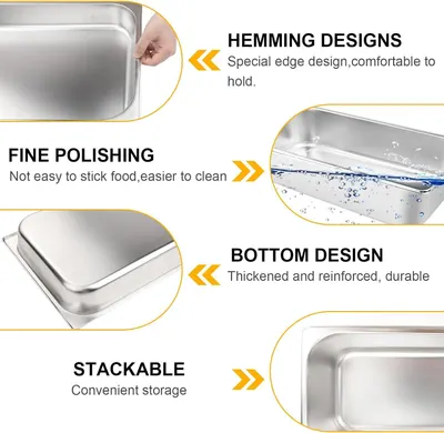 Showcases multiple distinct product benefits in a segmented layout to communicate the pan's ergonomic edge design, easy-clean polished surface, durable reinforced bottom, and space-saving…