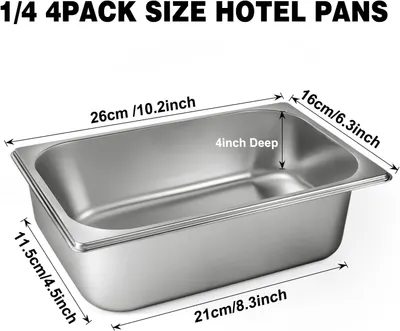Communicates the exact physical dimensions of the hotel pan (length, width, depth) to help shoppers understand the size and capacity of the product.