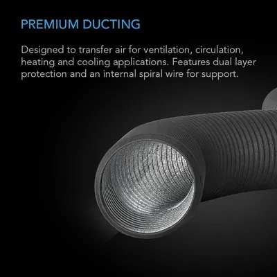 Highlights the internal construction and structural features of the ducting, showing the dual-layer protection and spiral wire reinforcement to communicate durability and quality. Communicates the…