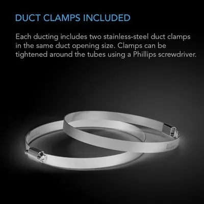 Informs the shopper that two stainless-steel duct clamps are included with each ducting purchase and explains how they can be installed using a Phillips screwdriver.