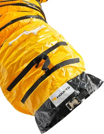 Highlights the physical components and construction details of the sleeping bag or compression sack, showing shoppers the quality features and functional elements like straps, pockets, and closures.