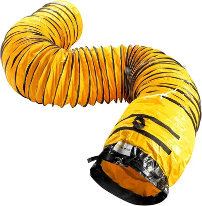 Displays the flexible yellow ventilation duct product on a clean white background to show its physical appearance, construction, and flexibility without distractions.