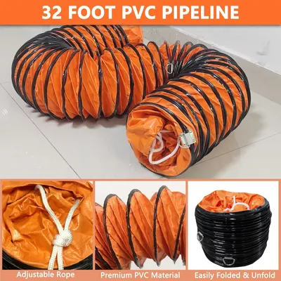 Communicates multiple key benefits of the 32-foot PVC pipeline including its adjustable rope feature, premium material construction, and convenient folding/unfolding capability to reassure shoppers…