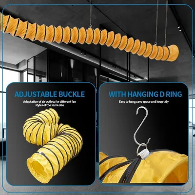 Highlights two distinct product features in a segmented layout: the adjustable buckle for fan compatibility and the hanging D-ring for easy storage and space-saving.