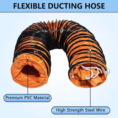 This image breaks down the physical construction of the flexible ducting hose, highlighting the premium PVC material and internal steel wire reinforcement to communicate quality and durability.