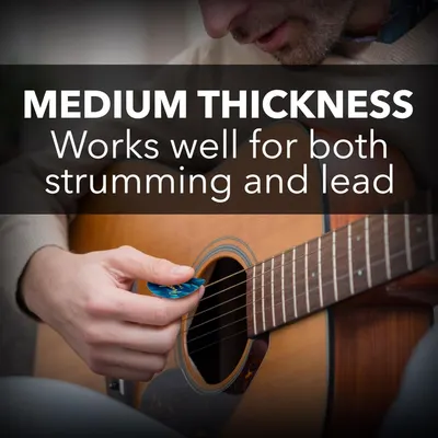 Communicates that the guitar pick's medium thickness makes it versatile and suitable for both strumming and lead playing techniques, helping shoppers understand its functional benefit.