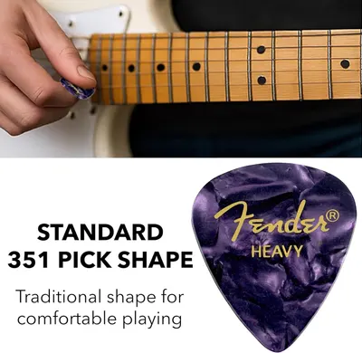 Highlights the traditional 351 pick shape and its ergonomic design to reassure guitarists that this Fender pick offers comfortable, familiar playing experience.
