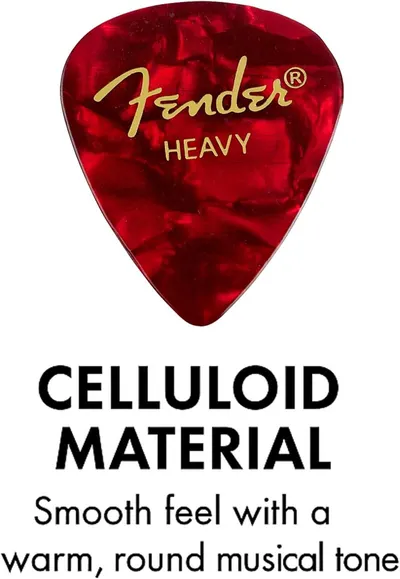 Highlights the premium celluloid material of the guitar pick and its benefit of providing a smooth feel with warm, round musical tone to appeal to musicians seeking quality sound.