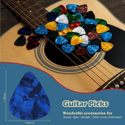 Shows the variety and quantity of guitar picks included in the purchase, demonstrating value and color options available to the customer. Provides exact measurements (1.18h x 1.02inch) to help…