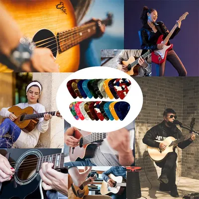 Showcases real customer photos of people using the guitar picks in various settings to build social proof and demonstrate the product's versatility and appeal across different users.