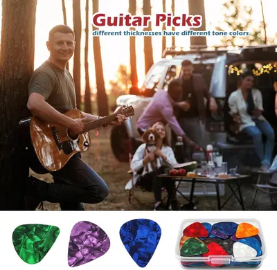 Demonstrates the product (guitar picks) in a real-world outdoor lifestyle setting while showing multiple product options and variations (different colors/thicknesses) to communicate versatility and…
