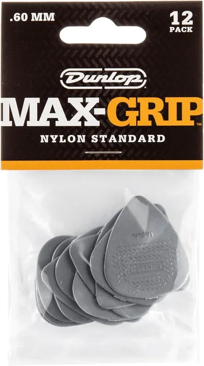 Shows the customer exactly what they will receive in the package—a 12-pack of Dunlop Max-Grip guitar picks with specific material and thickness specifications.
