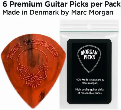 Shows the customer what they receive when purchasing: the guitar pick itself and its branded packaging, helping shoppers understand the complete product offering. Emphasizes the brand identity,…