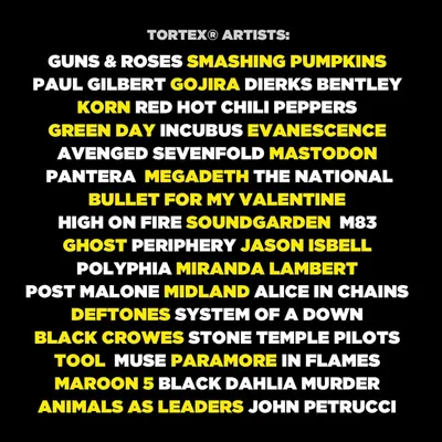 Showcases the brand's extensive roster of famous rock and metal artists to establish credibility and appeal to music fans by highlighting the impressive lineup of musicians featured.