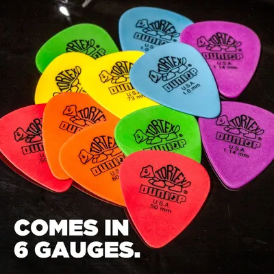 Showcases the variety of guitar pick gauges available in the Dunlop Tortex product line, helping shoppers understand the range of options and choose the right thickness for their playing style.