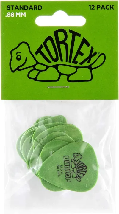 Shows the customer exactly what they receive in the package—a 12-pack of Tortex guitar picks with standard .88mm thickness—to set clear expectations about quantity and product specifications.
