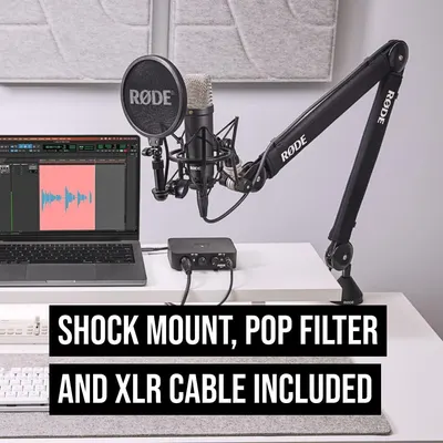 Communicates to the shopper that the microphone package includes essential accessories (shock mount, pop filter, and XLR cable) to provide immediate value and readiness for use.