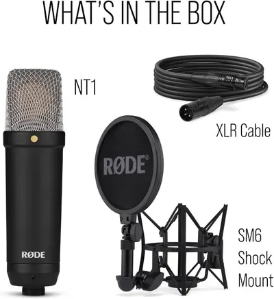 Shows all the components included with the microphone purchase (NT1 microphone, XLR cable, SM6 shock mount, and pop filter) to help shoppers understand the complete value of the bundle.