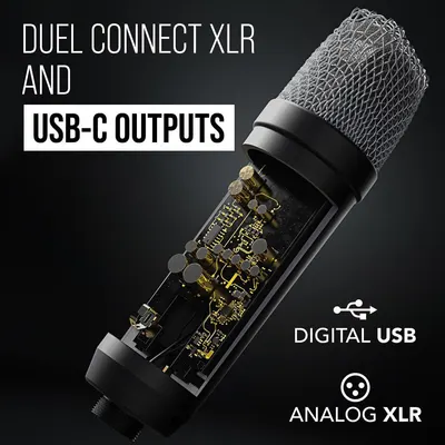 This image reveals the internal circuitry and connection options of the microphone to demonstrate its professional-grade build quality and versatile connectivity (both digital USB and analog XLR…