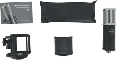 Shows all the items included with the microphone purchase, including the microphone, shock mount, pop filter, carrying case, and user guide to demonstrate the complete value of the package.