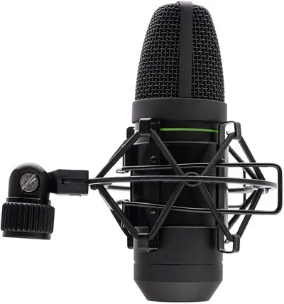 Provides a clean, catalog-style product view showing the microphone and its shock mount accessory on a white background for clear product visualization.