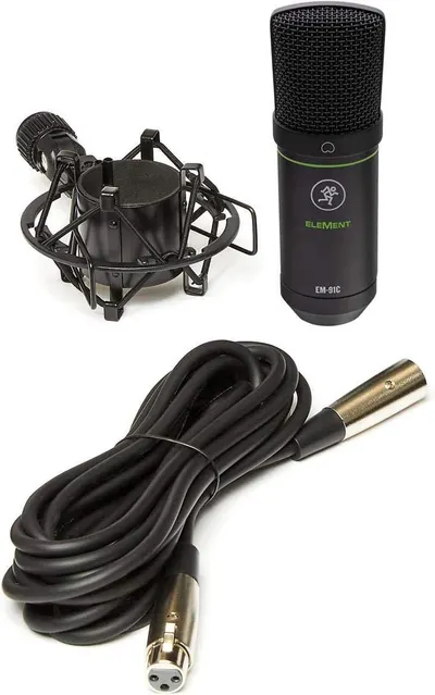Shows everything included in the purchase: the microphone, shock mount, and XLR cable, helping shoppers understand the complete package they will receive.