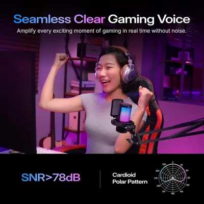 Communicates multiple technical benefits of the gaming microphone including noise-free voice clarity, superior signal-to-noise ratio, and directional pickup pattern to reassure gamers of…