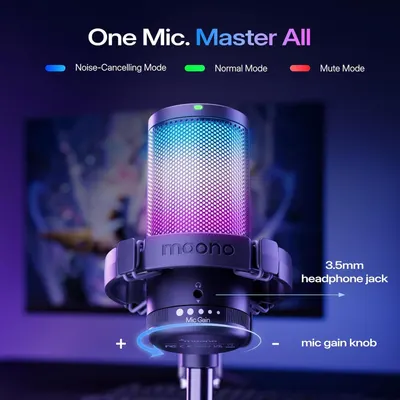 Highlights the physical components and controls of the microphone, showing shoppers the key functional parts including the headphone jack, gain control knob, and three operational modes…
