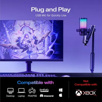 Demonstrates which devices and platforms the USB microphone is compatible with (Desktop, Laptop, PS4/PS5, Twitch, Discord, Mac) and explicitly shows it is not compatible with Xbox, helping shoppers…