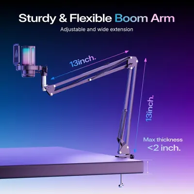 Communicates the physical dimensions of the boom arm (13-inch horizontal extension, 13-inch vertical reach) and maximum desk thickness compatibility (less than 2 inches) to help shoppers understand…