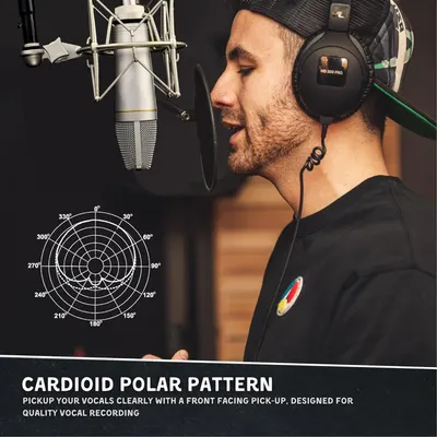 Highlights the microphone's cardioid polar pattern pickup design, reassuring shoppers that it captures vocals clearly from the front while minimizing background noise for quality recording.