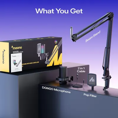 Shows all the components included in the package—microphone, boom stand, pop filter, and cable—to help shoppers understand the complete value and contents of their purchase.