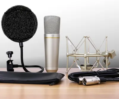 Shows everything included in the purchase: the microphone, shock mount, pop filter, cable, and carrying case to demonstrate the complete value of the bundle.